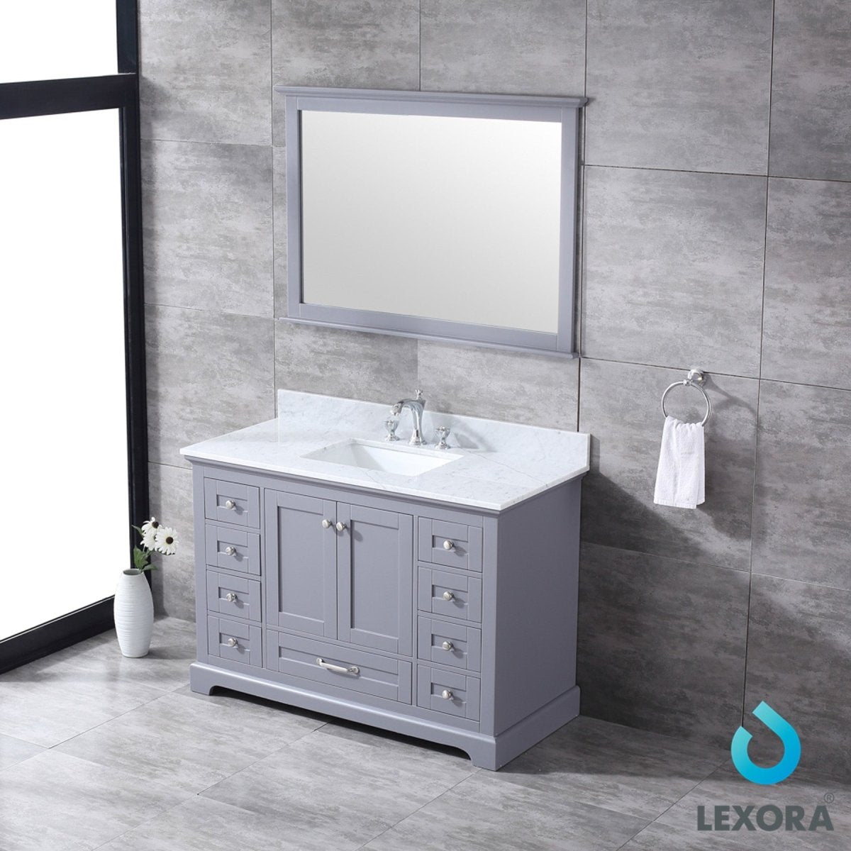 Dukes 48" Dark Grey Single Vanity, White Carrara Marble Top, White Square Sink and 46" Mirror w/ Faucet - BUILDMYPLACE