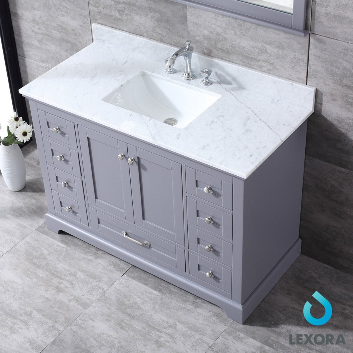 Dukes 48" Dark Grey Single Vanity, White Carrara Marble Top, White Square Sink and 46" Mirror w/ Faucet - BUILDMYPLACE