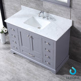 Dukes 48" Dark Grey Single Vanity, White Carrara Marble Top, White Square Sink and 46" Mirror w/ Faucet - BUILDMYPLACE