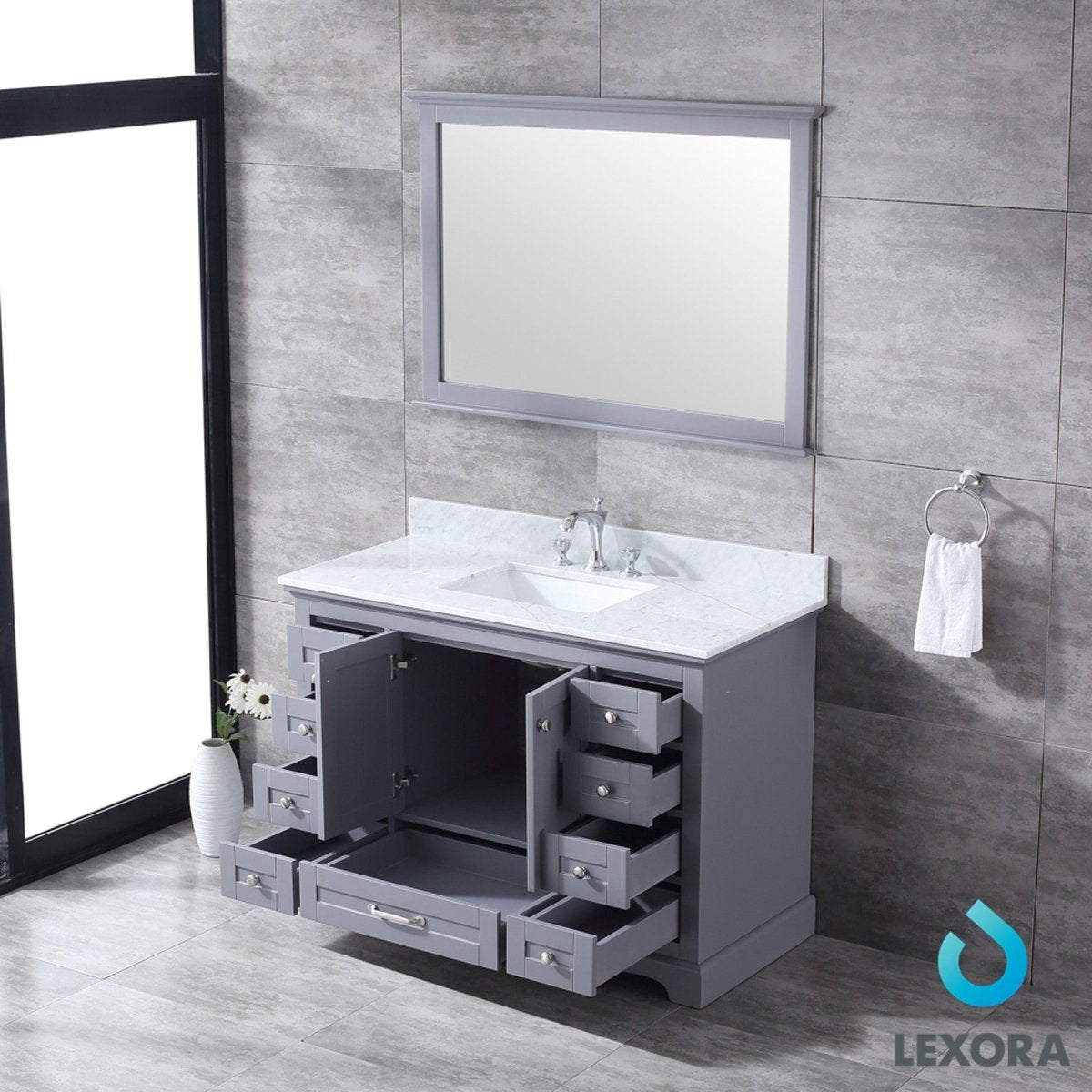 Dukes 48" Dark Grey Single Vanity, White Carrara Marble Top, White Square Sink and 46" Mirror w/ Faucet - BUILDMYPLACE