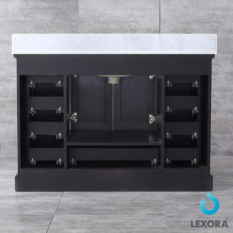 Dukes 48" Espresso Single Vanity, White Carrara Marble Top, White Square Sink and 46" Mirror - BUILDMYPLACE