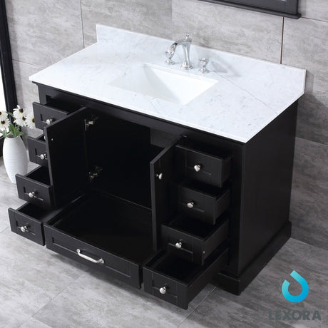 Dukes 48" Espresso Single Vanity, White Carrara Marble Top, White Square Sink and 46" Mirror - BUILDMYPLACE