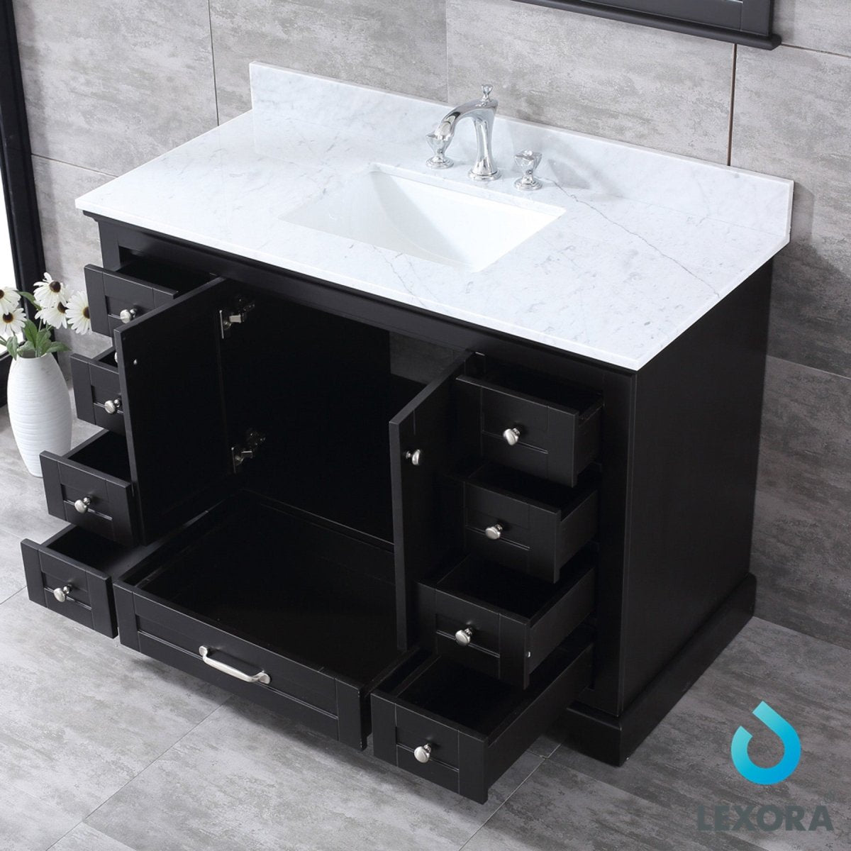 Dukes 48" Espresso Single Vanity, White Carrara Marble Top, White Square Sink and 46" Mirror w/ Faucet - BUILDMYPLACE