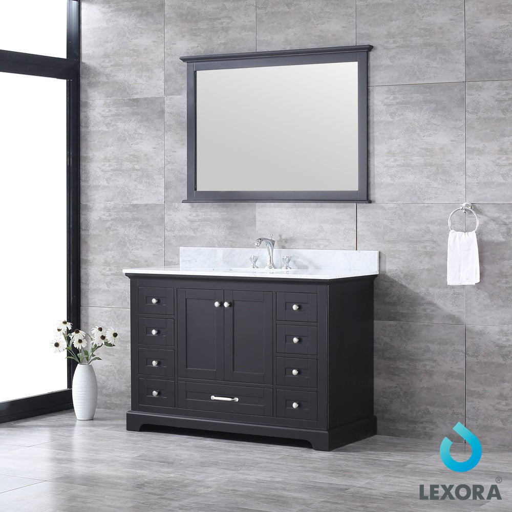Dukes 48" Espresso Single Vanity, White Carrara Marble Top, White Square Sink and 46" Mirror w/ Faucet - BUILDMYPLACE