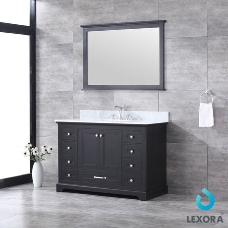 Dukes 48" Espresso Single Vanity, White Carrara Marble Top, White Square Sink and 46" Mirror w/ Faucet - BUILDMYPLACE