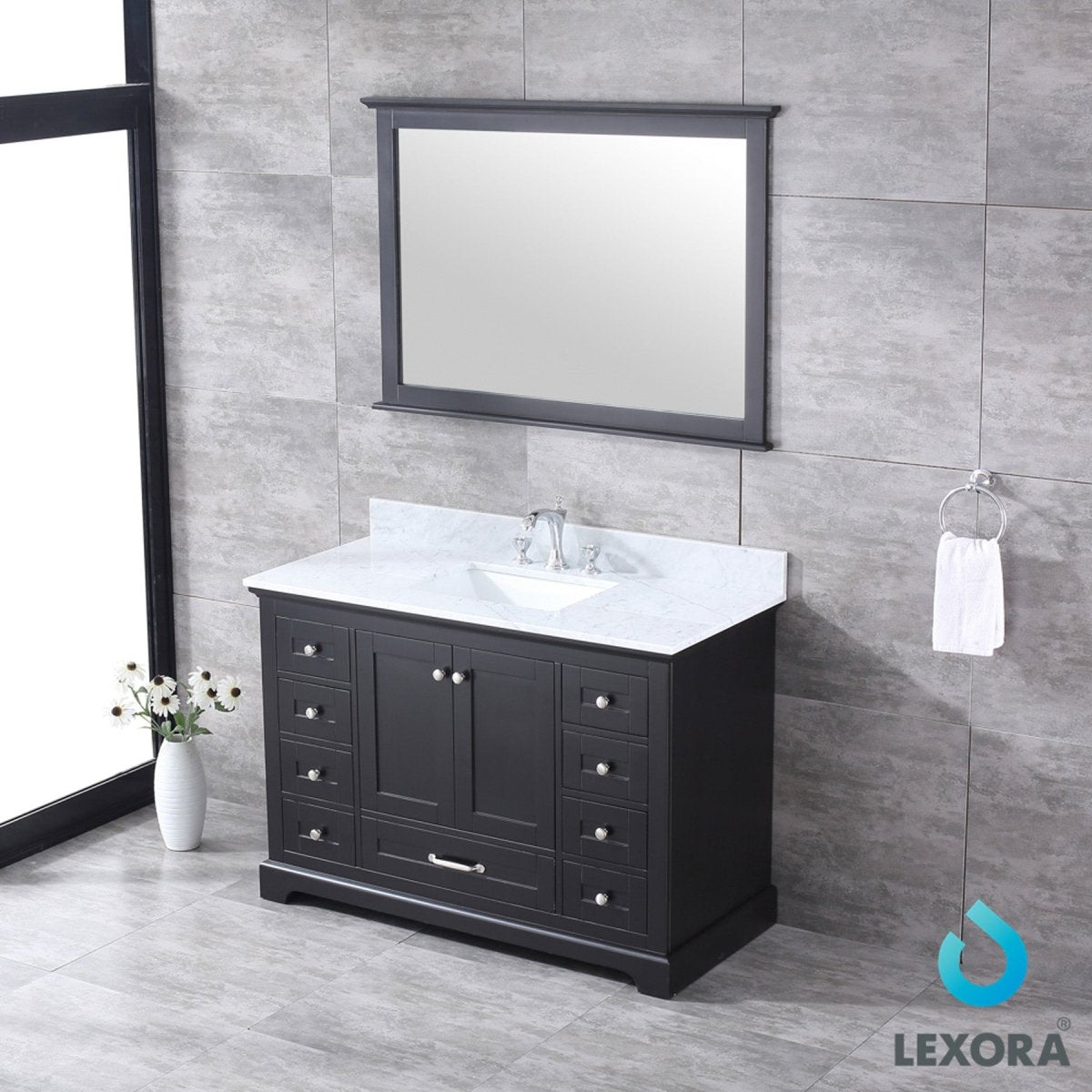 Dukes 48" Espresso Single Vanity, White Carrara Marble Top, White Square Sink and 46" Mirror w/ Faucet - BUILDMYPLACE