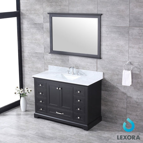 Dukes 48" Espresso Single Vanity, White Carrara Marble Top, White Square Sink and 46" Mirror w/ Faucet - BUILDMYPLACE