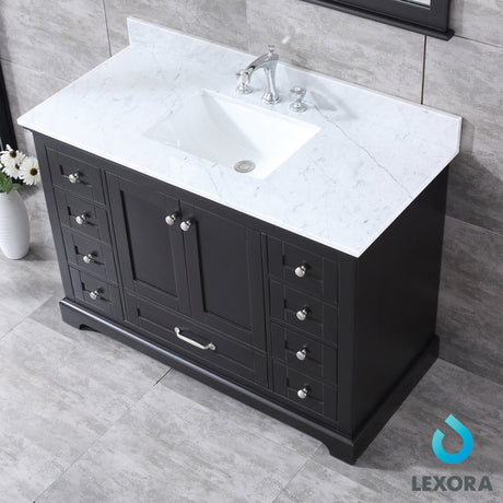Dukes 48" Espresso Single Vanity, White Carrara Marble Top, White Square Sink and 46" Mirror w/ Faucet - BUILDMYPLACE