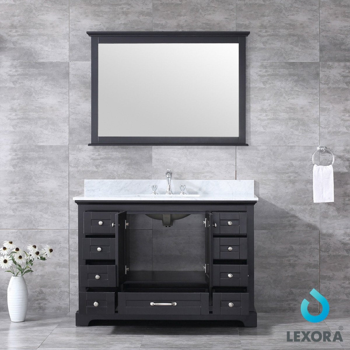 Dukes 48" Espresso Single Vanity, White Carrara Marble Top, White Square Sink and 46" Mirror w/ Faucet - BUILDMYPLACE