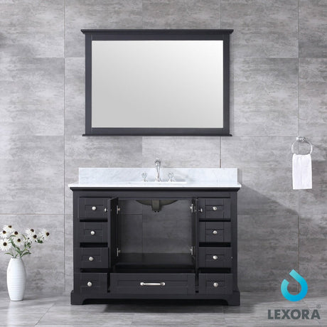 Dukes 48" Espresso Single Vanity, White Carrara Marble Top, White Square Sink and 46" Mirror w/ Faucet - BUILDMYPLACE