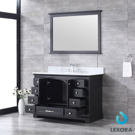 Dukes 48" Espresso Single Vanity, White Carrara Marble Top, White Square Sink and 46" Mirror w/ Faucet - BUILDMYPLACE