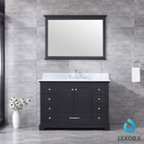 Dukes 48" Espresso Single Vanity, White Carrara Marble Top, White Square Sink and 46" Mirror w/ Faucet - BUILDMYPLACE