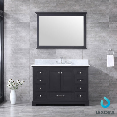 Dukes 48" Espresso Single Vanity, White Carrara Marble Top, White Square Sink and 46" Mirror w/ Faucet - BUILDMYPLACE