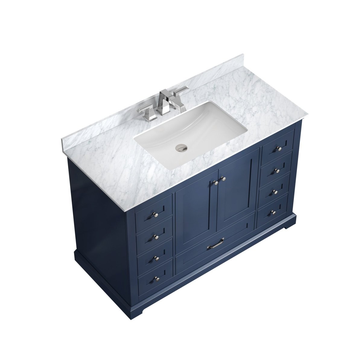 Dukes Navy Blue Freestanding Bathroom Vanity with White Carrara Marble Top, White Square Sink