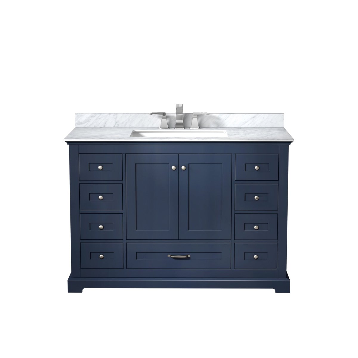 Dukes Navy Blue Freestanding Bathroom Vanity with White Carrara Marble Top, White Square Sink