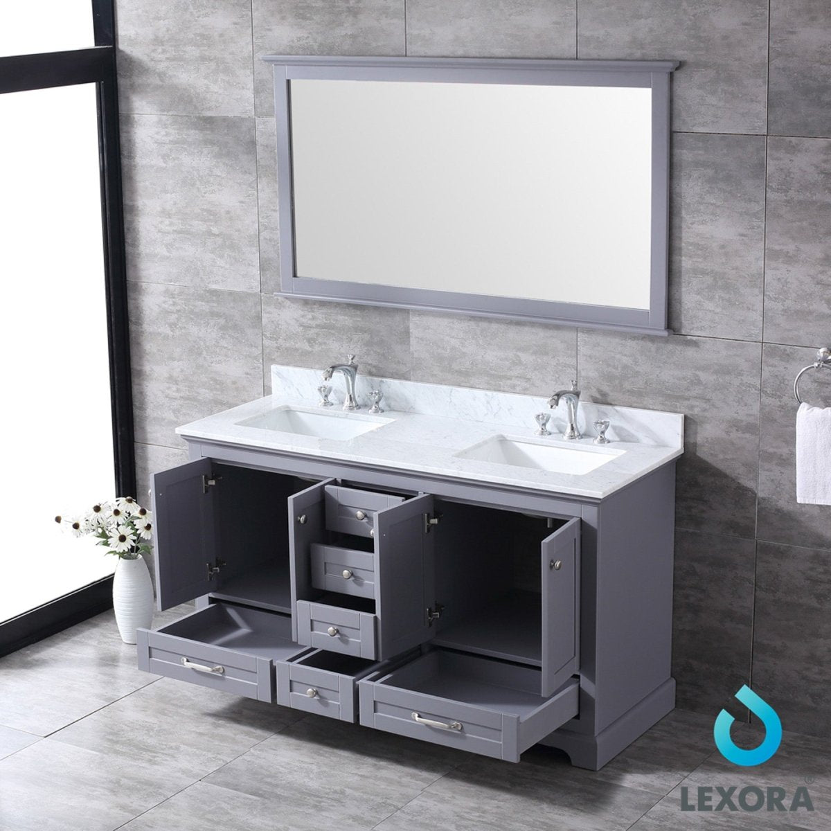 Dukes 60" Dark Grey Double Vanity, White Carrara Marble Top, White Square Sinks and 58" Mirror - BUILDMYPLACE