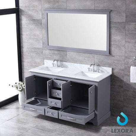 Dukes 60" Dark Grey Double Vanity, White Carrara Marble Top, White Square Sinks and 58" Mirror - BUILDMYPLACE
