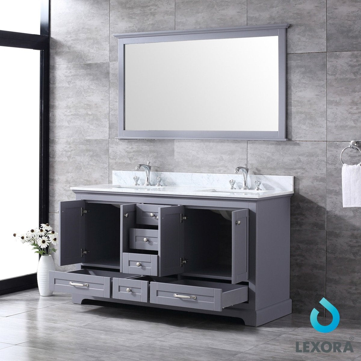 Dukes 60" Dark Grey Double Vanity, White Carrara Marble Top, White Square Sinks and 58" Mirror - BUILDMYPLACE