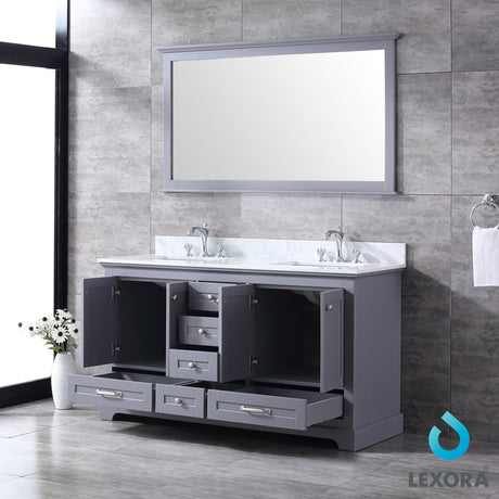 Dukes 60" Dark Grey Double Vanity, White Carrara Marble Top, White Square Sinks and 58" Mirror - BUILDMYPLACE