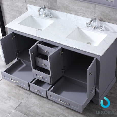 Dukes 60" Dark Grey Double Vanity, White Carrara Marble Top, White Square Sinks and 58" Mirror - BUILDMYPLACE