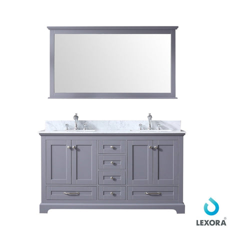 Dukes 60" Dark Grey Double Vanity, White Carrara Marble Top, White Square Sinks and 58" Mirror - BUILDMYPLACE