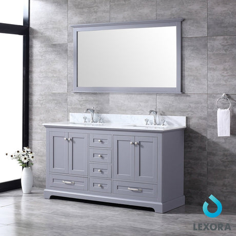 Dukes 60" Dark Grey Double Vanity, White Carrara Marble Top, White Square Sinks and 58" Mirror - BUILDMYPLACE