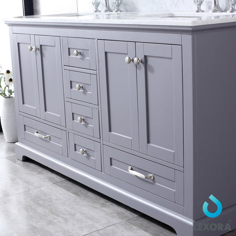 Dukes 60" Dark Grey Double Vanity, White Carrara Marble Top, White Square Sinks and 58" Mirror - BUILDMYPLACE