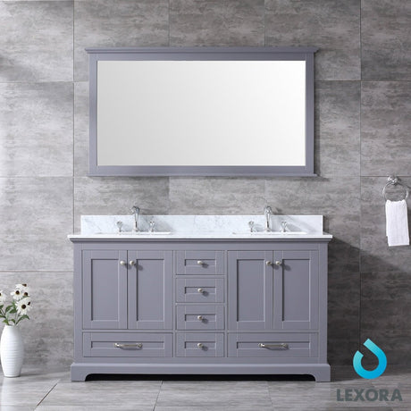 Dukes 60" Dark Grey Double Vanity, White Carrara Marble Top, White Square Sinks and 58" Mirror - BUILDMYPLACE