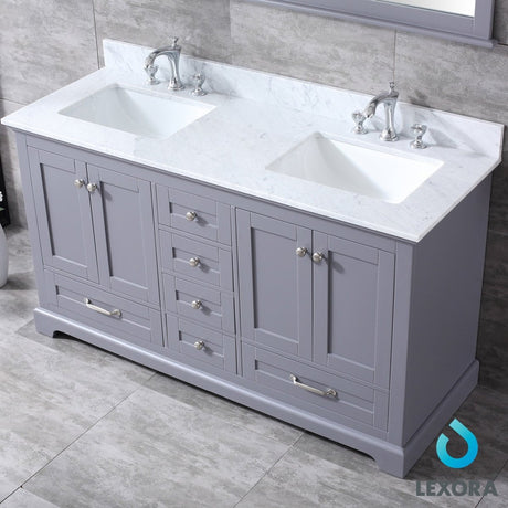Dukes 60" Dark Grey Double Vanity, White Carrara Marble Top, White Square Sinks and 58" Mirror - BUILDMYPLACE