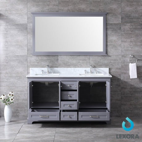 Dukes 60" Dark Grey Double Vanity, White Carrara Marble Top, White Square Sinks and 58" Mirror - BUILDMYPLACE