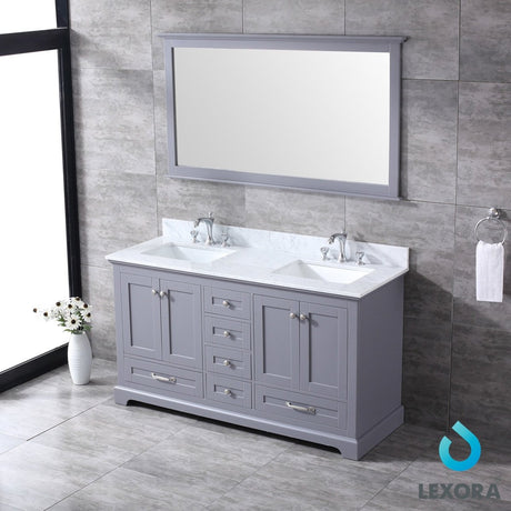 Dukes 60" Dark Grey Double Vanity, White Carrara Marble Top, White Square Sinks and 58" Mirror - BUILDMYPLACE