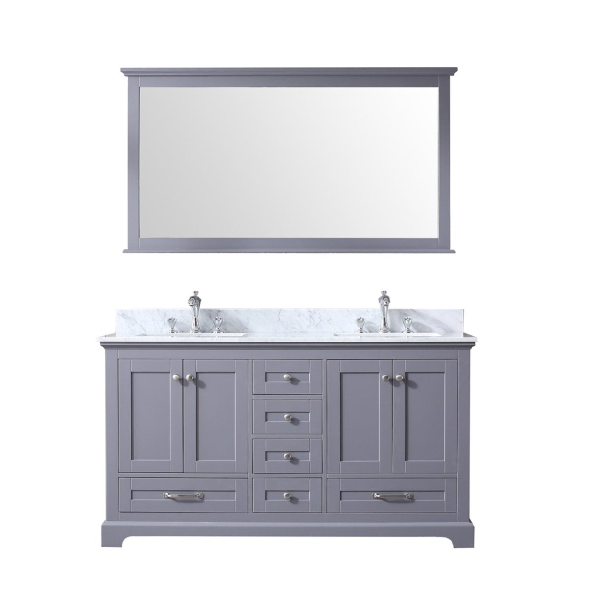 Dukes 60" Dark Grey Double Vanity, White Carrara Marble Top, White Square Sinks and 58" Mirror - BUILDMYPLACE