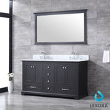 Dukes 60" Espresso Double Vanity, White Carrara Marble Top, White Square Sinks and 58" Mirror w/ Faucets - BUILDMYPLACE