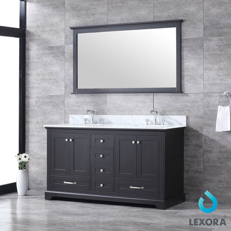 Dukes 60" Espresso Double Vanity, White Carrara Marble Top, White Square Sinks and 58" Mirror w/ Faucets - BUILDMYPLACE