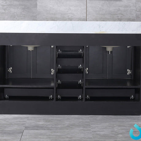Dukes 60" Espresso Double Vanity, White Carrara Marble Top, White Square Sinks and 58" Mirror w/ Faucets - BUILDMYPLACE