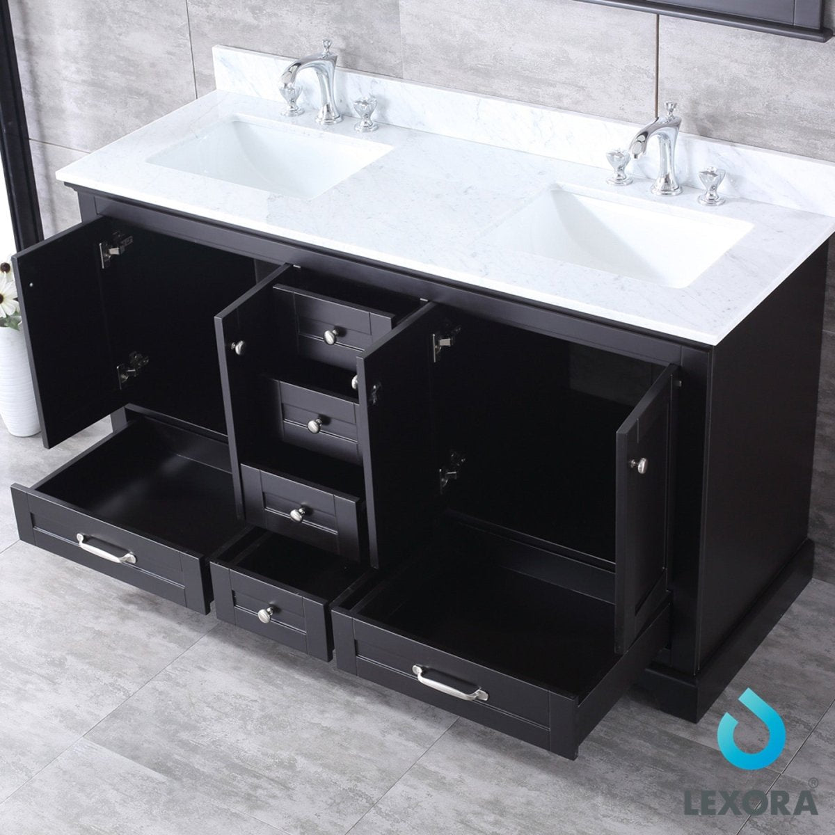 Dukes 60" Espresso Double Vanity, White Carrara Marble Top, White Square Sinks and 58" Mirror w/ Faucets - BUILDMYPLACE