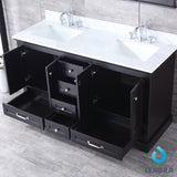 Dukes 60" Espresso Double Vanity, White Carrara Marble Top, White Square Sinks and 58" Mirror w/ Faucets - BUILDMYPLACE
