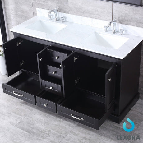 Dukes 60" Espresso Double Vanity, White Carrara Marble Top, White Square Sinks and 58" Mirror w/ Faucets - BUILDMYPLACE