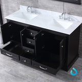 Dukes 60" Espresso Double Vanity, White Carrara Marble Top, White Square Sinks and 58" Mirror w/ Faucets - BUILDMYPLACE