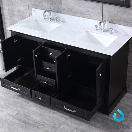Dukes 60" Espresso Double Vanity, White Carrara Marble Top, White Square Sinks and 58" Mirror w/ Faucets - BUILDMYPLACE