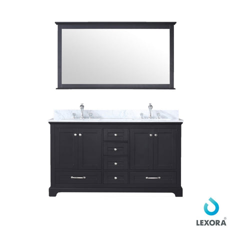 Dukes 60" Espresso Double Vanity, White Carrara Marble Top, White Square Sinks and 58" Mirror w/ Faucets - BUILDMYPLACE
