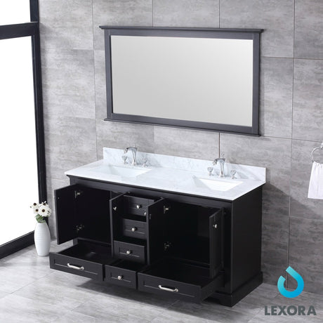 Dukes 60" Espresso Double Vanity, White Carrara Marble Top, White Square Sinks and 58" Mirror w/ Faucets - BUILDMYPLACE