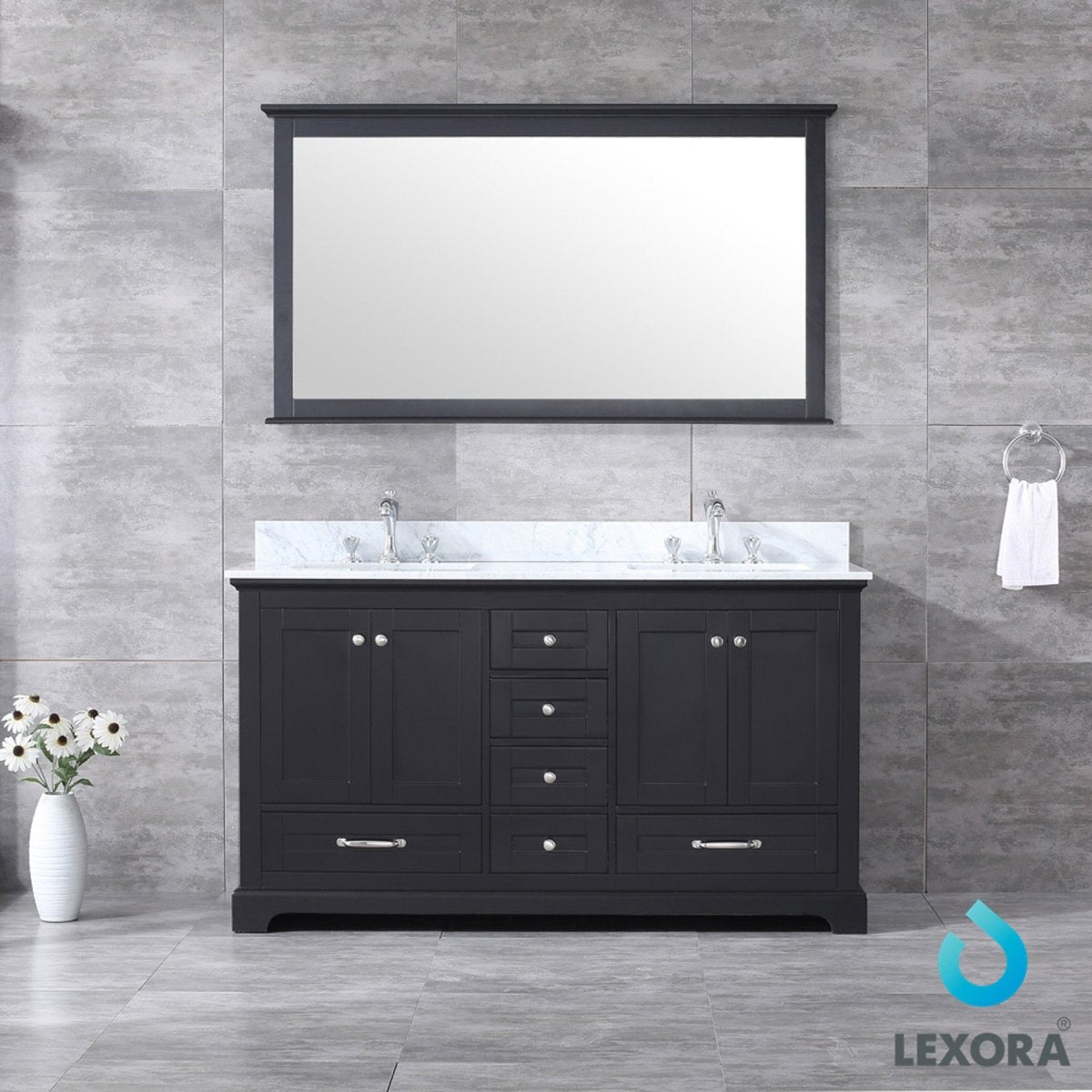 Dukes 60" Espresso Double Vanity, White Carrara Marble Top, White Square Sinks and 58" Mirror w/ Faucets - BUILDMYPLACE