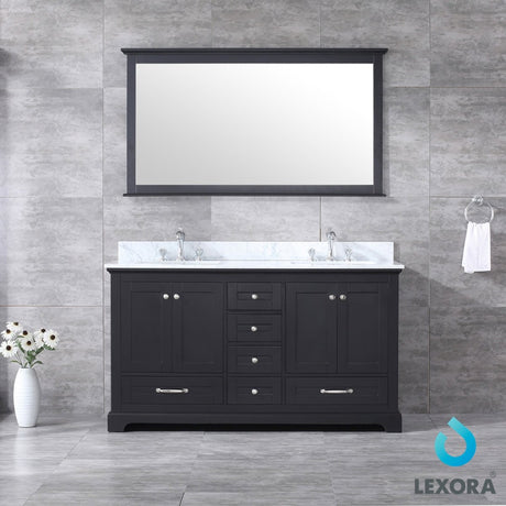 Dukes 60" Espresso Double Vanity, White Carrara Marble Top, White Square Sinks and 58" Mirror w/ Faucets - BUILDMYPLACE