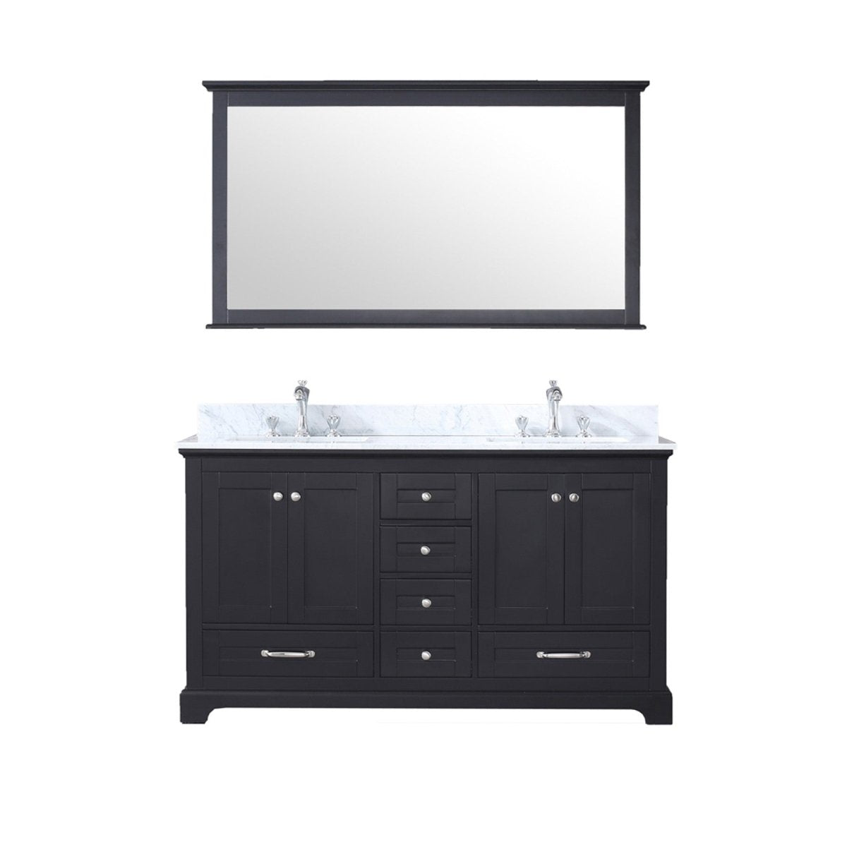 Dukes 60" Espresso Double Vanity, White Carrara Marble Top, White Square Sinks and 58" Mirror w/ Faucets - BUILDMYPLACE