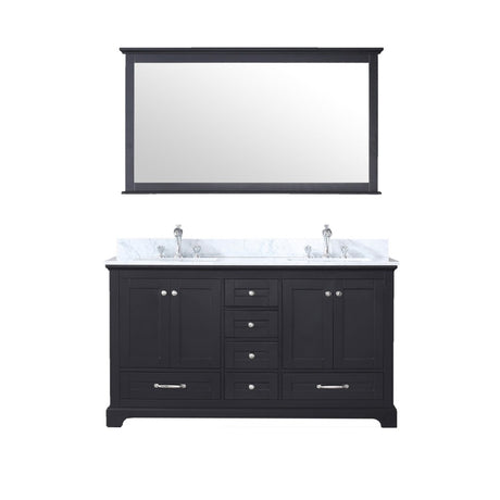 Dukes 60" Espresso Double Vanity, White Carrara Marble Top, White Square Sinks and 58" Mirror w/ Faucets - BUILDMYPLACE