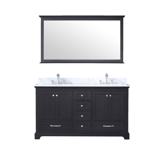 Dukes 60" Espresso Double Vanity, White Carrara Marble Top, White Square Sinks and 58" Mirror w/ Faucets - BUILDMYPLACE