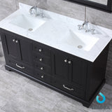 Dukes 60" Espresso Double Vanity, White Carrara Marble Top, White Square Sinks and 58" Mirror w/ Faucets - BUILDMYPLACE