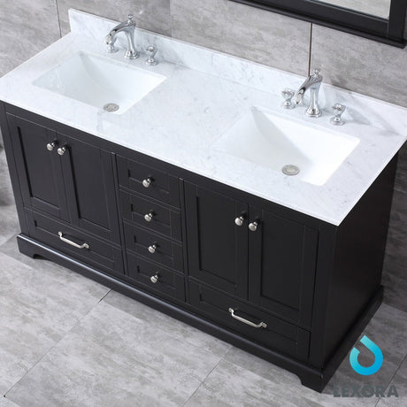 Dukes 60" Espresso Double Vanity, White Carrara Marble Top, White Square Sinks and 58" Mirror w/ Faucets - BUILDMYPLACE