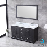 Dukes 60" Espresso Double Vanity, White Carrara Marble Top, White Square Sinks and 58" Mirror w/ Faucets - BUILDMYPLACE